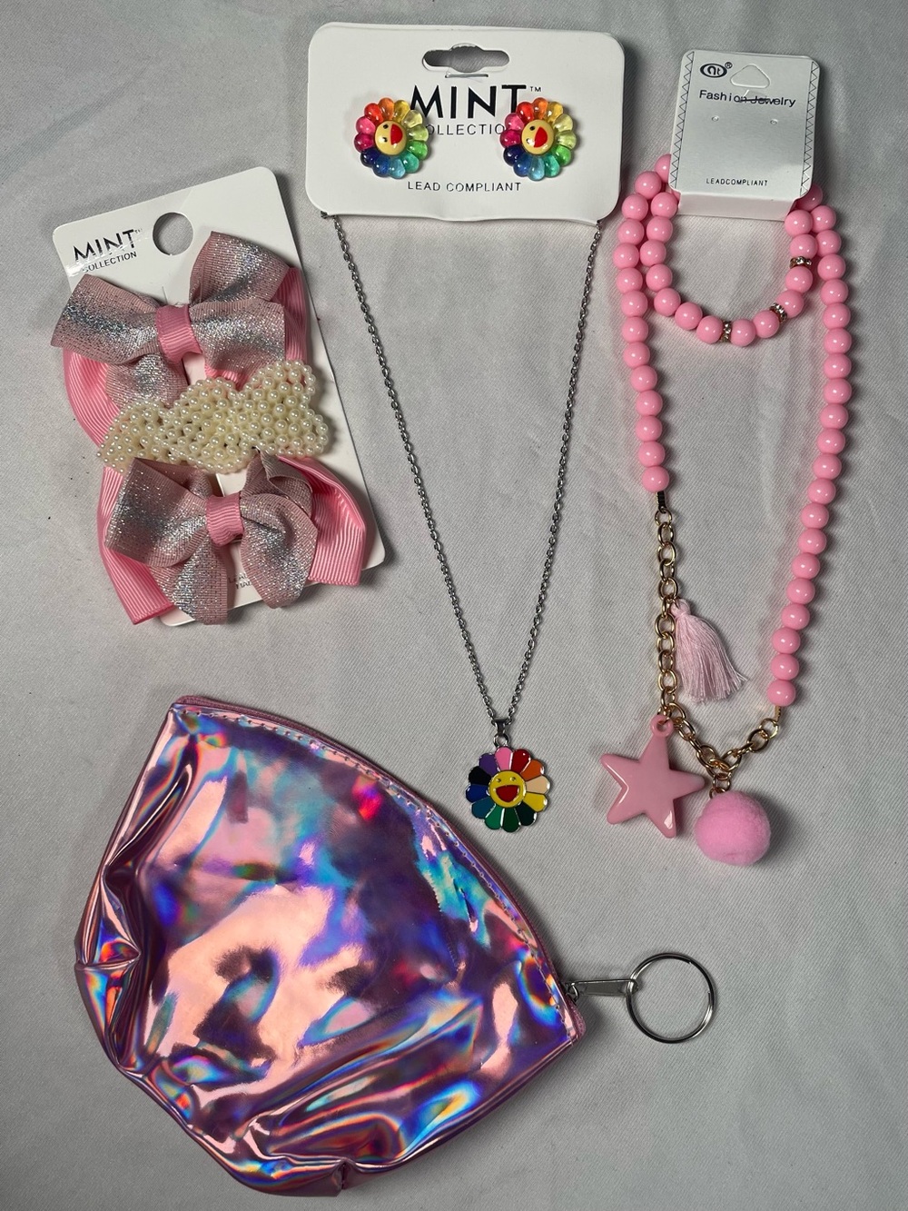 Pink Accessory Bundle Womens/Girls Necklace Hair Clips Coin Purse Earrings